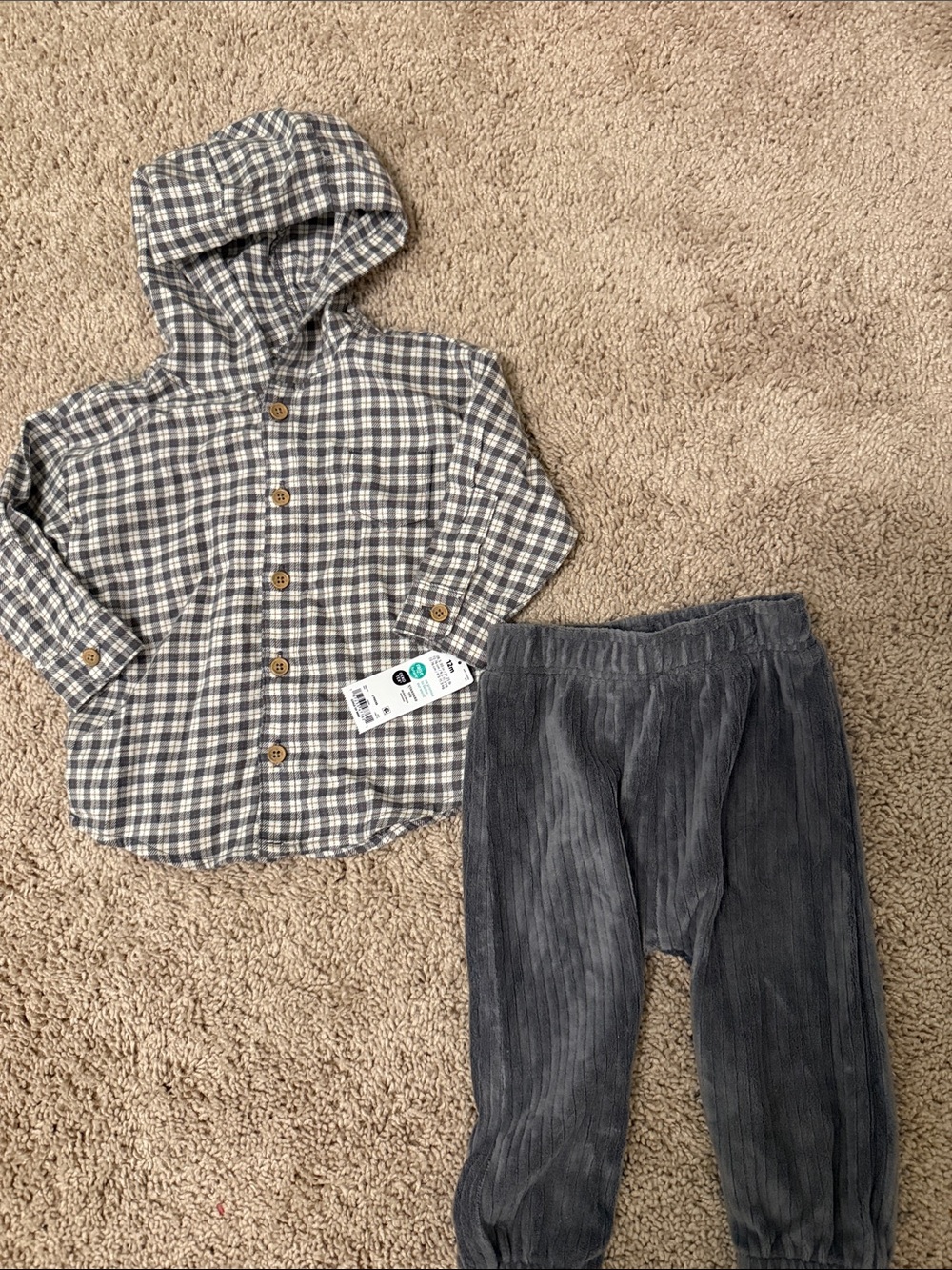 Carter's Gray Plaid Hooded Shirt and Charcoal Pants Matching Set size 12M-NWT